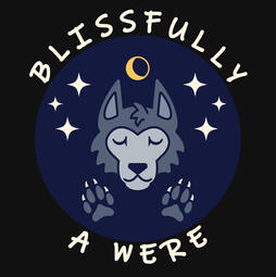 Logo featuring a calm werewolf face, surrounded by a golden crescent moon, pale yellow stars, and wolf paw prints
